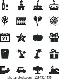 Solid Black Vector Icon Set - daily calendar vector, colored air balloons, cake, gift, Easter, torte, lollipop, pumpkin, wall, sand castle, wine, car baggage, hotel, palm tree, disco ball, starfish