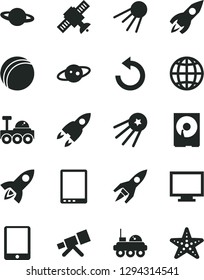 Solid Black Vector Icon Set - monitor vector, counterclockwise, bath ball, earth, artificial satellite, planet, rocket, tablet pc, hdd, telescope, saturn, lunar rover, first, starfish