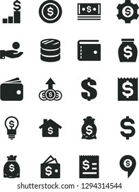 Solid Black Vector Icon Set - purse vector, dollar, column of coins, denomination the, article on, financial item, catch a coin, wallet, money, dollars, cash, mortgage, pedestal, bag, gear, idea