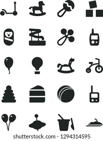 Solid Black Vector Icon Set - beanbag vector, baby rattle, bath ball, stacking rings, roly poly doll, toy phone, mobile, children's sand set, yule, rocking horse, small, cubes for children, balloon