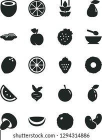 Solid Black Vector Icon Set - deep plate with a spoon vector, slices of onion, porcini, cabbage, strawberry, strawberries, orange slice, mint, peach, pear, tasty plum, juicy lemon, sour lime, half