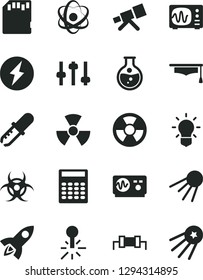 Solid Black Vector Icon Set - artificial satellite vector, round flask, radiation hazard, mercury thermometer, sd card, telescope, atom, nuclear, bulb, settings, biohazard, pipette, oscilloscope