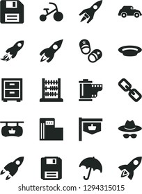 Solid Black Vector Icon Set - floppy disk vector, spectacles, hat with glasses, camera roll, bedside table, tricycle, child shoes, abacus, umbrella, plate, modern gas station, retro car, rocket