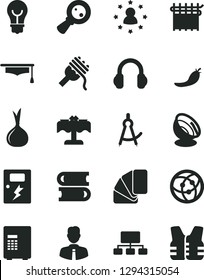 Solid Black Vector Icon Set - books vector, sample of colour, dangers, employee, bulb, spaghetti, red pepper, onion, cloth industry, magnifying glass, scheme, headphones, network, graduate hat, safe