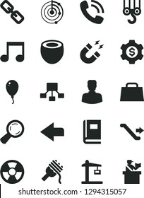 Solid Black Vector Icon Set - left direction vector, spectacles, balloon, winch hook, spaghetti, half of coconut, radiation hazard, Construction crane, magnifier, woman, hierarchical scheme, note