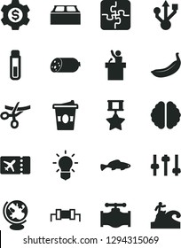 Solid Black Vector Icon Set - Puzzles vector, building block, sausage, small fish, coffe to go, banana, valve, usb, test tube, bulb, brain, settings, globe, resistor, hero medal, dollar gear