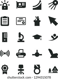 Solid Black Vector Icon Set - car child seat vector, pc tower, card, printer, connect, wireless, chair, cursor, encrypting, microscope, clipboard, medal, growth graph, graduate, certificate, speaker