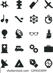 Solid Black Vector Icon Set - plastic brush vector, electricity, glasses, gears, satellite antenna, stopwatch, 3d cube, ink pen, bang, plane, car baggage, air balloon, escalator, suitcase, signpost