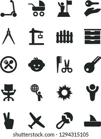 Solid Black Vector Icon Set - storage unit vector, beanbag, baby carriage, accessories for a hairstyle, children's hairdo, child Kick scooter, key, hedge, Construction crane, chair, drawing compass