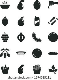 Solid Black Vector Icon Set - loaf vector, mini hot dog, noodles, porridge, meat on skewers, peper, French fries, soda can, orange, large grape, pear, half of medlar, slice melon, goji berry, lime