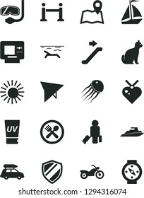 Solid Black Vector Icon Set - Car Baggage Vector, Sail Boat, Hang Glider, Motorcycle, Escalator, Rope Barrier, Passenger, Atm, Beach, Sun, Uv Cream, Cafe, Diving Mask, Pets, Map, Shield, Yacht