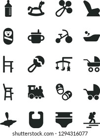 Solid Black Vector Icon Set - toys over the cradle vector, mug for feeding, measuring bottle, diaper, bib, beanbag, baby rattle, car child seat, stroller, carriage, children's bathroom, a chair