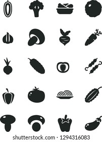 Solid Black Vector Icon Set - onion vector, mushroom, porcini, lettuce in a plate, meat on skewers, cabbage, cucumber, tomato, peper, beet, carrot, sweet date fruit, half, ripe pepper, garlic