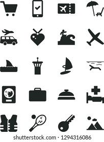 Solid Black Vector Icon Set - plane vector, airport tower, suitcase, passport, ticket, phone registration, beach, arnchair under umbrella, hospital bed, surfing, tennis, transfer, key, cart