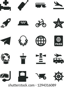 Solid Black Vector Icon Set - paper airplane vector, building trolley, earth, passport, lighthouse, space rocket, globe, bus, taxi, bike, airport tower, baggage scanner, rolling case, arrival