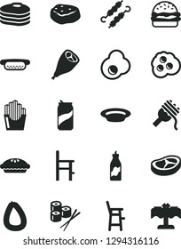 Solid Black Vector Icon Set - a chair for feeding vector, child, stick of sausage, mini hot dog, burger, spaghetti, pie, plate, grill chicken leg, bacon, meat on skewers, piece, fried potato slices