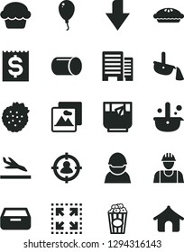 Solid Black Vector Icon Set - downward direction vector, balloon, builder, buildings, picture, drawer, size, cake, pie, cup of popcorn, a glass tea, strawberries, racer, pipe, metallurgy, arrival