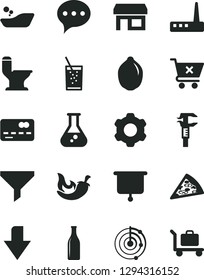 Solid Black Vector Icon Set - downward direction vector, children's bathroom, cogwheel, comfortable toilet, speech, crossed cart, piece of pizza, chili, a glass soda, lime, caliper, bottle, stall