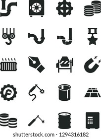 Solid Black Vector Icon Set - winch hook vector, concrete mixer, siphon, sewerage, star gear, paving slab, strongbox, coins, water pipes, barrel, welding, gas, aluminum radiator, magnet, ink pen