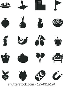 Solid Black Vector Icon Set - pennant vector, tumbler, small yule, colored air balloons, concrete mixer, onion, tomato, chili, peper, strawberry, rose hip, cornels, medlar, half of grapefruit, beet