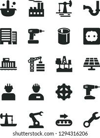 Solid Black Vector Icon Set - tower crane vector, workman, cordless drill, sewerage, power socket type f, buildings, commercial seaport, solar panel, oil derrick, working, hydroelectric station