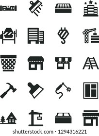 Solid Black Vector Icon Set - wicker pot vector, tower crane, hook, concrete mixer, window, ladder, building level, buildings, brick, block, putty knife, spatula, hammer with claw, kiosk, hotel