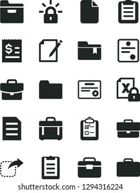 Solid Black Vector Icon Set - briefcase vector, folder, bookmark, portfolio, case, suitcase, notes, survey, move right, article on the dollar, encrypting, file, clipboard, patente, certificate