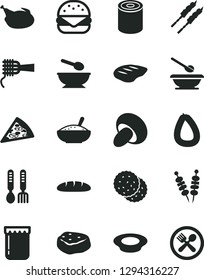 Solid Black Vector Icon Set - deep plate with a spoon vector, plates and spoons, iron fork, stick of sausage, loaf, tin, fried vegetables on sticks, piece pizza, big burger, noodles, porcini, milk