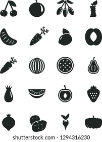 Solid Black Vector Icon Set - carrot vector, strawberry, cherry, rose hip, medlar, water melon, goji berry, half peach, slice, tangerine, of, yellow lemon, passion fruit, part guava, apple stub