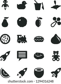Solid Black Vector Icon Set - image of thought vector, baby rattle, duckling, children's sand set, teddy bear, train, small yule, pizza, apple pie, cabbage, piece meat, fig, slice water melon, lemon