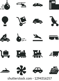 Solid Black Vector Icon Set - summer stroller vector, motor vehicle, baby toy train, big core, shipment, marine propeller, modern gas station, eco car, retro, urgent cargo, helicopter, limousine