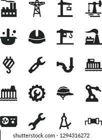 Solid Black Vector Icon Set - crane vector, hook, sewerage, construction helmet, gear, working oil derrick, factory, hydroelectric station, hydroelectricity, power pole, industrial building