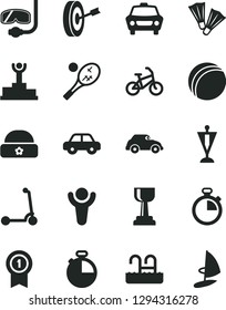 Solid Black Vector Icon Set - stopwatch vector, bath ball, motor vehicle, child Kick scooter, warm hat, timer, car, retro, winner, podium, gold cup, pennant, purpose, medal with, bike, pool, tennis