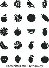 Solid Black Vector Icon Set - cucumber vector, strawberry, quince, apricot, tasty apple, slice of water melon, half mango, tangerine, plum, lemon, juicy, passion fruit, ripe pineapple, grapefruit