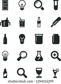 Solid Black Vector Icon Set - incandescent lamp vector, magnifier, zoom, measuring cup for feeding, mercury thermometer, interroom door, bulb, a glass of soda, bottle, jam, liquor, jar, flask