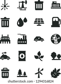 Solid Black Vector Icon Set - bin vector, dust, solar panel, working oil derrick, leaves, gas station, wind energy, hydroelectric, trees, forest, industrial building, factory, drop, electric car