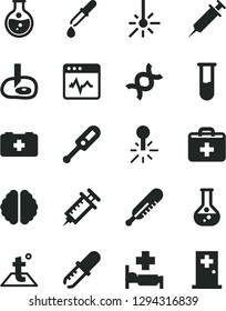 Solid Black Vector Icon Set - first aid kit vector, electronic thermometer e, mercury, bag of a paramedic, temperature, cardiogram, round flask, outdoor, test tube, dna, brain, pipette, syringe