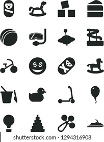 Solid Black Vector Icon Set - baby rattle vector, duckling, bath ball, stacking toy, roly poly doll, tumbler, children's sand set, yule, rocking horse, small, cubes for children, balloon, tricycle