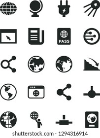 Solid Black Vector Icon Set - globe vector, passport, planet, Earth, plug, connection, connections, recession, newspaper, network, browser, connect, man hold world, first satellite