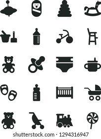 Solid Black Vector Icon Set - baby cot vector, dummy, mug for feeding, bottle, measuring, diaper, carriage, summer stroller, stacking rings, roly poly doll, toy sand set, a chair child, teddy bear