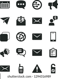 Solid Black Vector Icon Set - warning vector, envelope, smartphone, survey, megaphone, copy, loudspeaker, wall calendar, mobile phone, speech, network, mail, dialog, paper plane, money