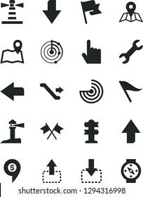 Solid Black Vector Icon Set - upward direction vector, downward, left, wind indicator, index finger, map, flag, move up, down, lighthouse, coastal, repair, radar, cross flags, dollar pin, escalator