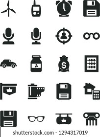 Solid Black Vector Icon Set - desktop microphone vector, floppy disk, camera roll, new abacus, toy mobile phone, estimate, alarm clock, jar of jam, windmill, retro car, vintage sign, man in sight