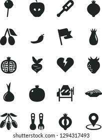 Solid Black Vector Icon Set - electronic thermometer vector e, plastic fork spoons, concrete mixer, broken heart, flag, slices of onion, Chupa Chups, pomegranate, half, tasty apple, strawberry, beet