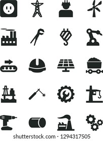 Solid Black Vector Icon Set - hook vector, adjustable wrench, drill, power socket type b, construction helmet, gear, sea port, solar panel, wind energy, factory, line, industrial building, builder