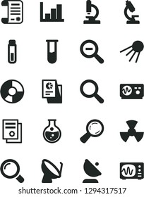 Solid Black Vector Icon Set - magnifier vector, zoom out, negative histogram, artificial satellite, round flask, radiation, dish, antenna, ring diagram, statistical research, article, test tube