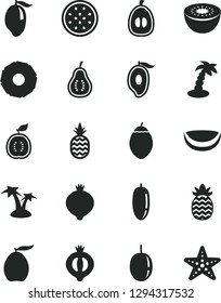 Solid Black Vector Icon Set - a pineapple vector, medlar, half of, mango, loquat, date fruit, passion, kiwi, tamarillo, guawa, piece coconut, slice, part guava, palm tree, starfish