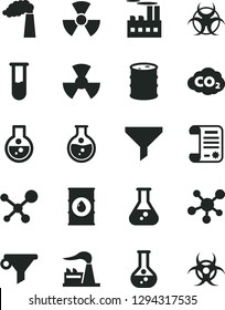 Solid Black Vector Icon Set - round flask vector, manufacture, factory, oil, barrel, industrial building, radiation, carbon dyoxide, filter, water, research article, test tube, molecule, nuclear