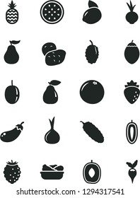 Solid Black Vector Icon Set - lettuce in a plate vector, cucumber, beet, pineapple, pear, raspberry, tasty, mulberry, delicious plum, passion fruit, sweet date, yellow lemon, half of, tamarillo
