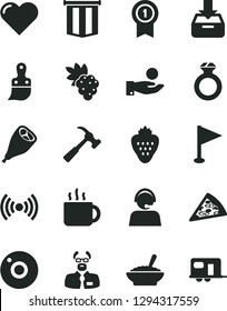 Solid Black Vector Icon Set - camera vector, pennant, plastic brush, hammer with claw, heart, put in a box, piece of pizza, bowl buckwheat porridge, grill chicken leg, cup tea, strawberry, grape